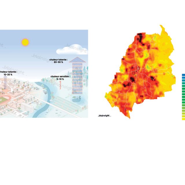 Chaleur sensible et chaleur latente dans un territoire en fonction de la couverture biophysique de son sol et thermographie satellitaire  du commune de l'Ain le 19 août 2023 : température de surface obtenue après traitement des données USGS – Landsat 

